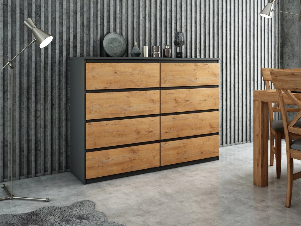 Komoda NUDO - Antracyt / Front Dąb / Mat / 120 cm / 8 szuflad