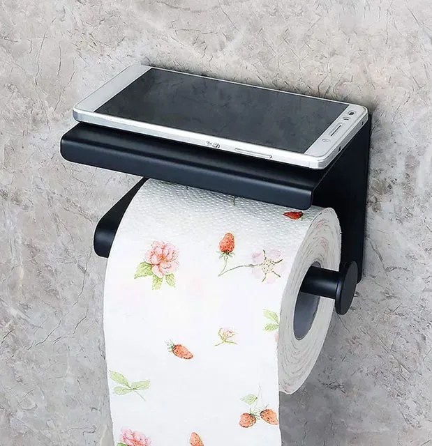 Czarny loftowy uchwyt na papier toaletowy z półką P5-M55