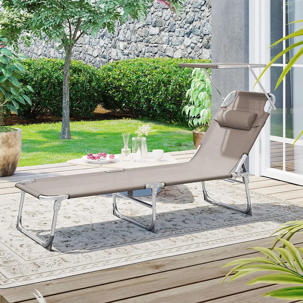 Leżak ogrodowy LAGUNA z regulowanym daszkiem, 193x53x29cm, brązowo-szary (taupe) SongmicsHome