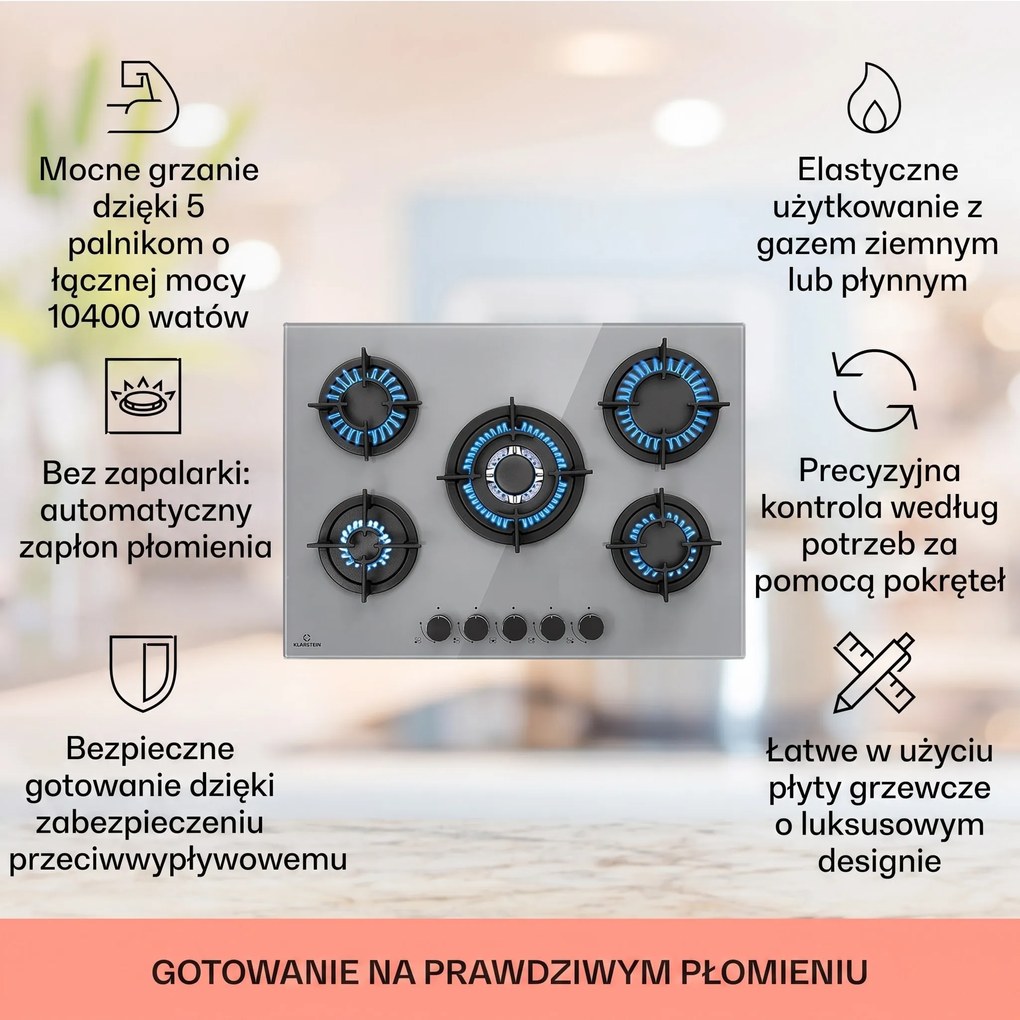 Klarstein Firetale 70cm Płyta Gazowa 5 Palników Szary
