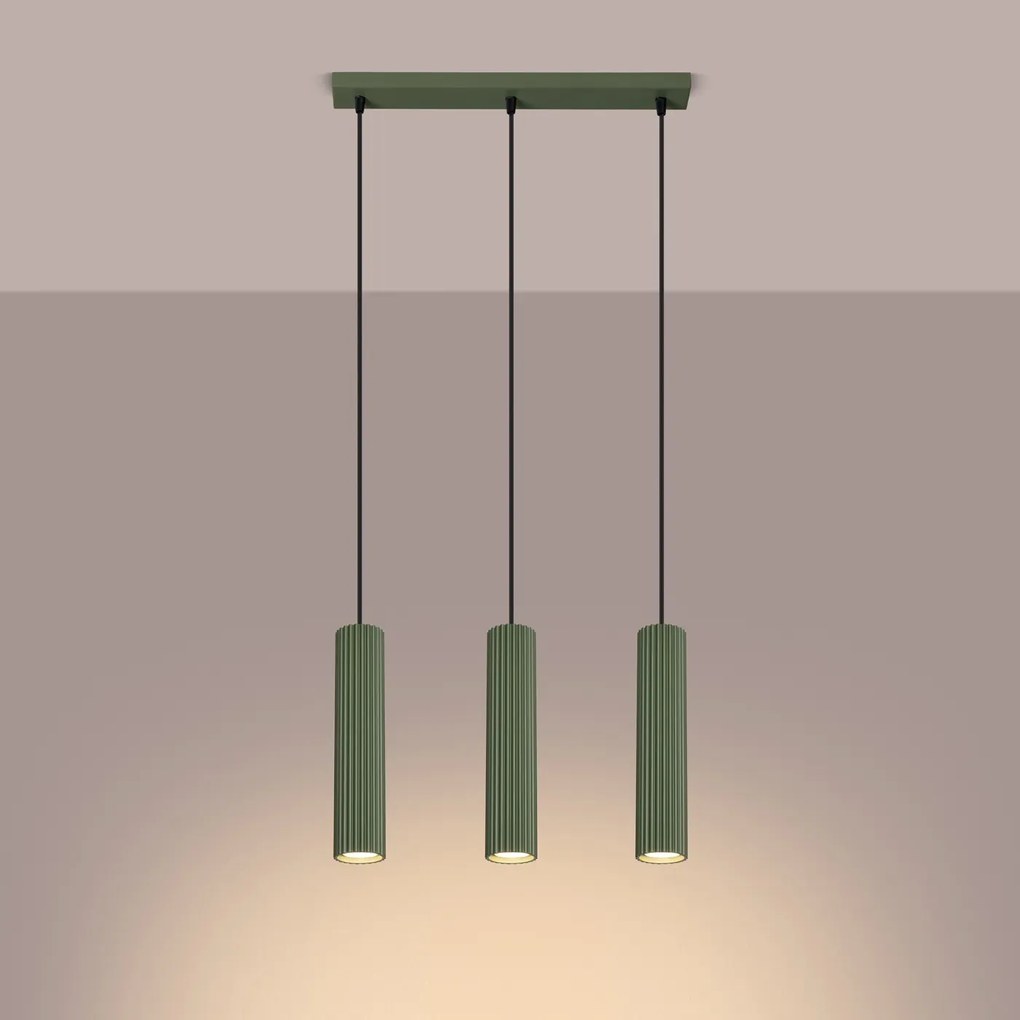 Lampa wisząca KARBON 3L zielona oliwka ryflowana SOLLUX  LIGHTING
