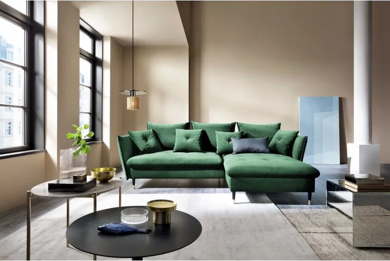 Narożnik GLAM Prawostronny z funkcją spania, zestaw z poduszkami wolnostojący tkanina RIVIERA 38 Zielony DOMO HOME