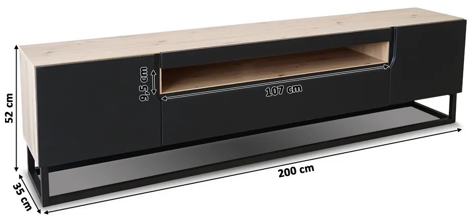 Szafka RTV Loftia 200 cm z wnęką i metalowym stelażem - artisan / czarny mat