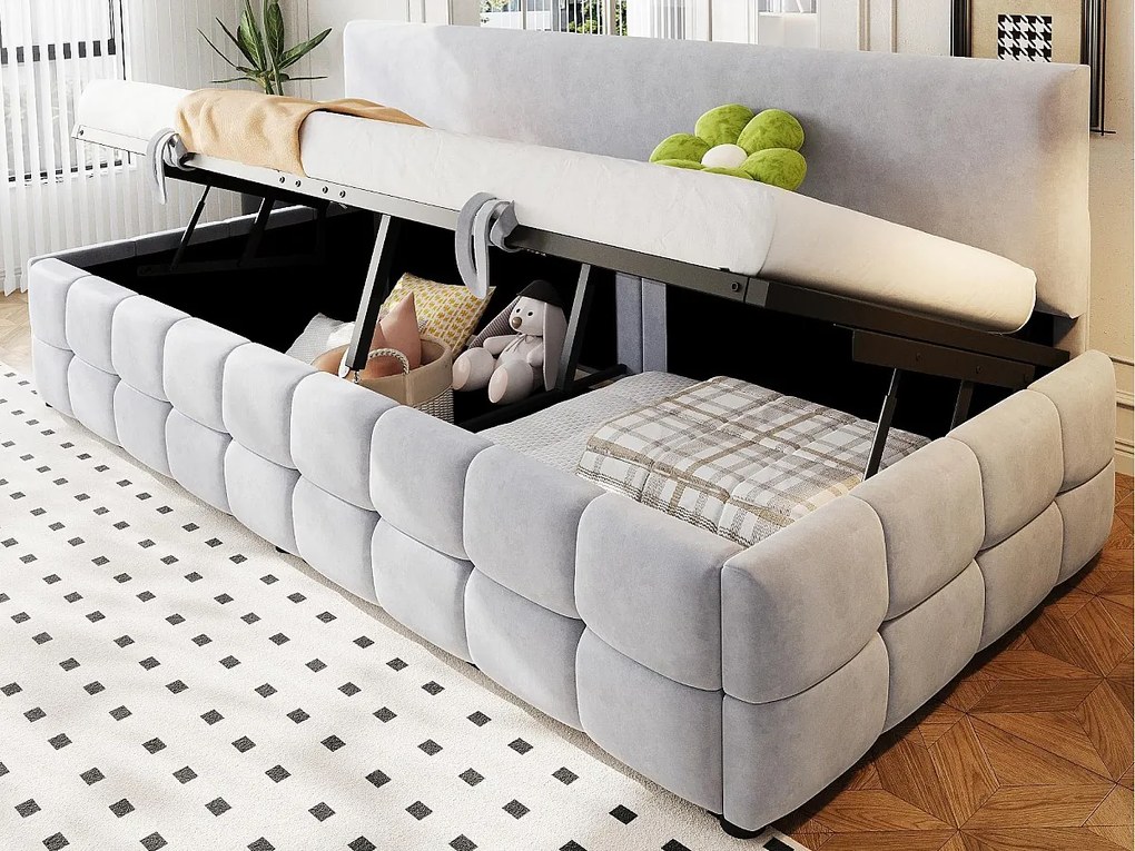 Kanapa z funkcją spania z pojemnikiem 90x200 cm - Oparcie bez podłokietników - Welur - ​​Jasnoszary​​ (materac nie jest dołączony)