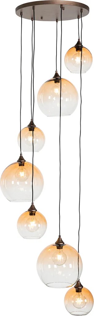Lampa wisząca w stylu art deco ciemny brąz z bursztynowym szkłem 7-świateł - Sandra