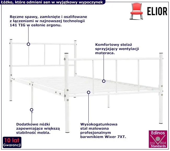 Białe metalowe łóżko pojedyncze 90x200 cm - Kalea