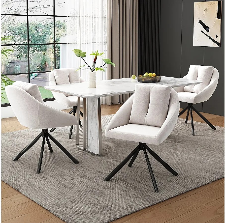 Zestaw 4 obrotowych krzeseł do jadalni, beżowy aksamit, krzesło z tapicerowanym oparciem, czarne metalowe nogi