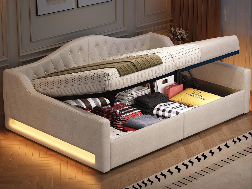 Rozkładana kanapa tapicerowana 140×200 cm - z taśmą LED - schowek - z łóżkiem listwowym - beżowa