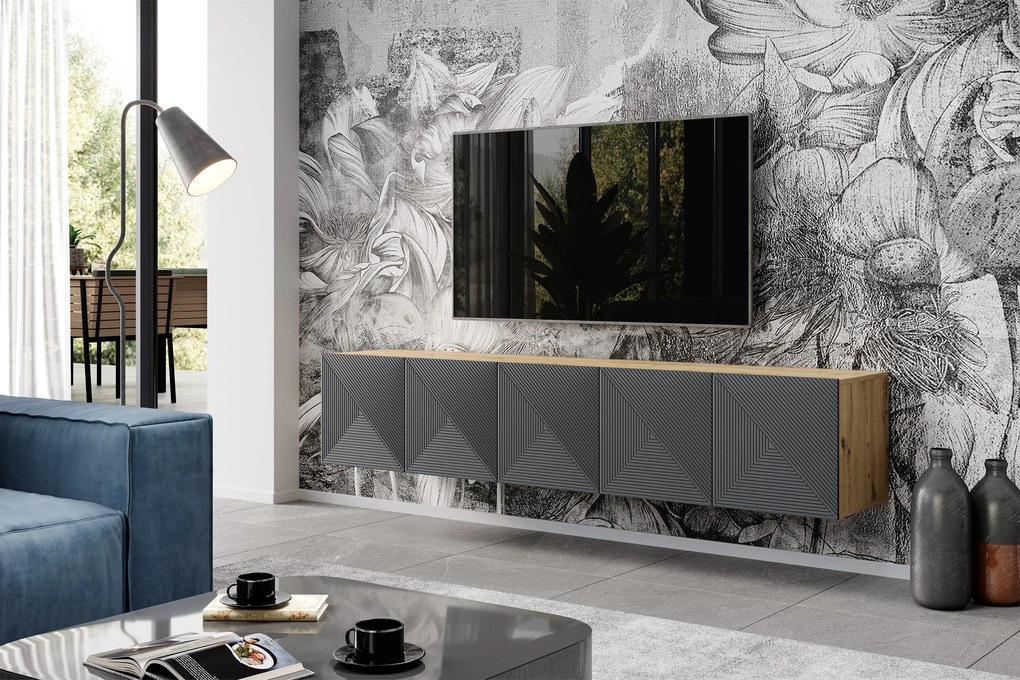 Szafka RTV Asha 200 cm wisząca z ryflowanym frontem - artisan / rivier stone mat