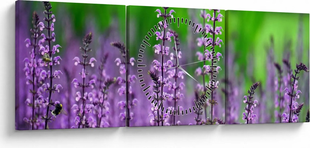 Obraz fioletowych kwiatów polnych (z zegarem) (90x30 cm)