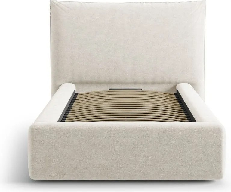 Kremowe tapicerowane łóżko jednoosobowe ze schowkiem i stelażem 90x200 cm Kaelle – Micadoni
