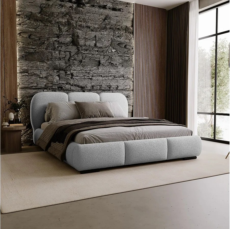 BESILIO Łóżko z pojemnikiem i stelażem 180x200 Holi- łóżko podwójne tapicerowane, tkanina boucle, baranek - Jasnoszary