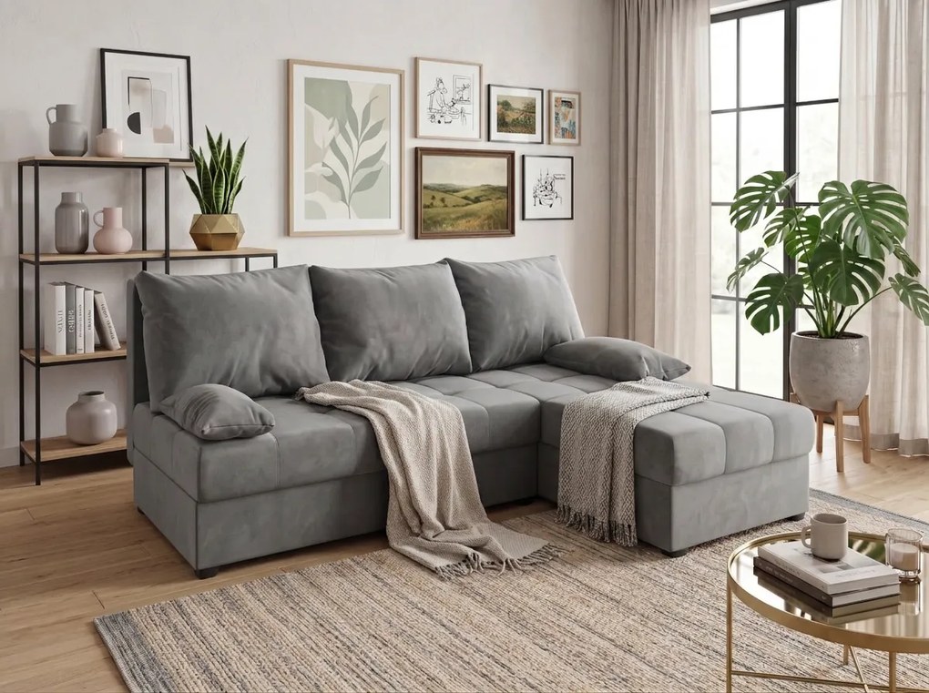PROMOCJA Jasnoszara rozkładana narożna sofa ZENA, dwustronna II. jakość