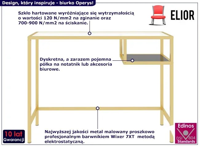 Szklane biurko glamour ze złotym stelażem 100 cm - Gigrox