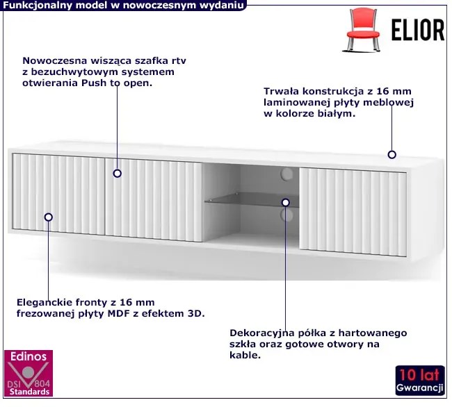 Biała wisząca frezowana szafka rtv - Venton