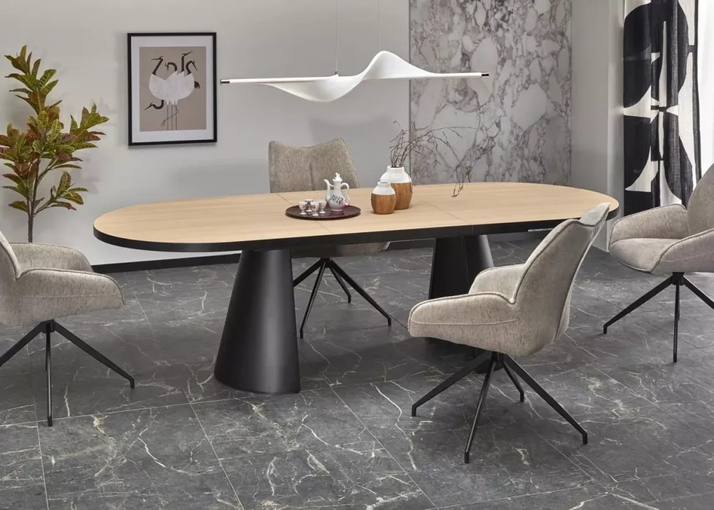 Nowoczesny rozkładany stół owalny Heksagon 180-230/100 cm z blatem MDF w kolorze dębu na czarnych metalowych nogach