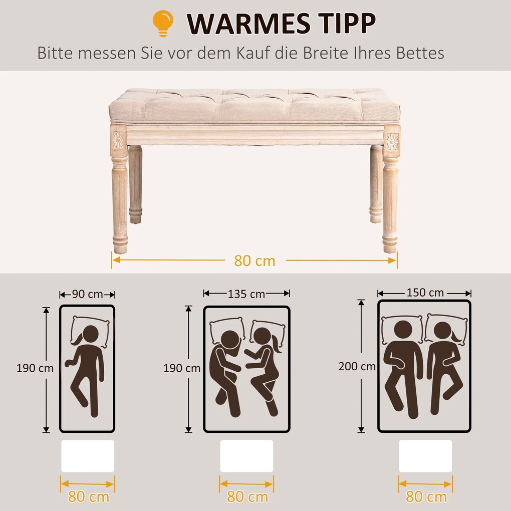 HOMCOM Pufa Tapicerowana Vintage 80x40x43cm Beżowa z Guzikami Wykończenie Lniane Wytrzymała do 120kg do Sypialni | Aosom PL