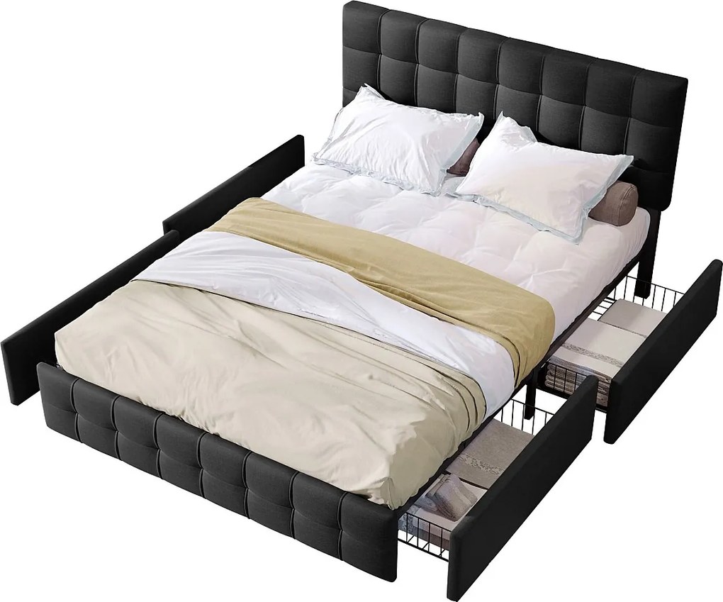 Łóżko pościelowe tapicerowane z 4 szufladami - regulowany zagłówek + metalowa podstawa - 140x200cm - Czarny