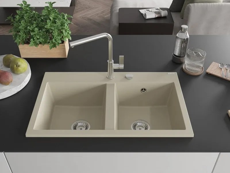 Mexen Hektor zlewozmywak granitowy 2-komorowy 800 x 480 mm, beżowy, syfon chrom - 6521802000-69