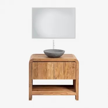 Zestaw Mebli Łazienkowych Z Drewna Vacry Akacja Brąz & Okrągły Szary Cement Ø40 Cm Tarsis & Prostokątna Lampa Led - Sklum