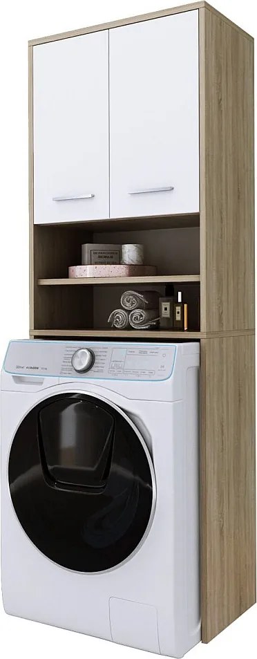 Szafka pod pralkę, 2 szafki, 180 x 64 x 30 cm, dąb sonoma, biały mat