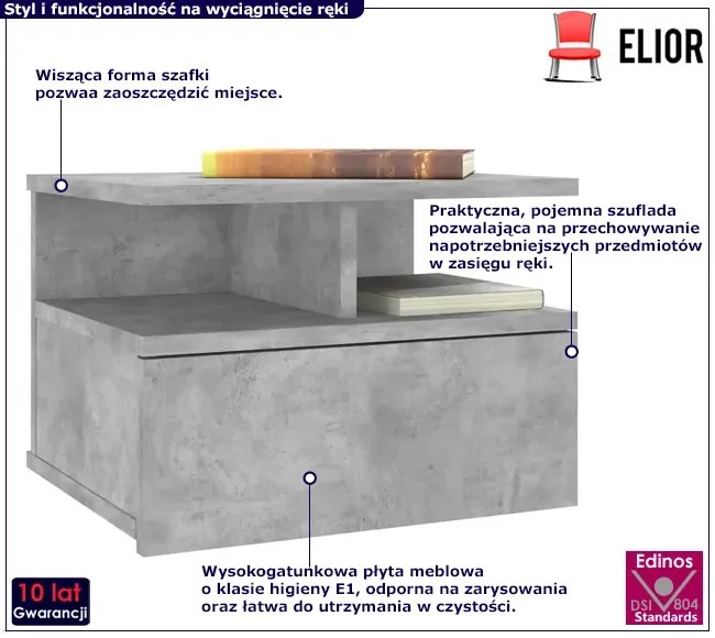 Szafka nocna ścienna w kolorze szary beton - Milleniar