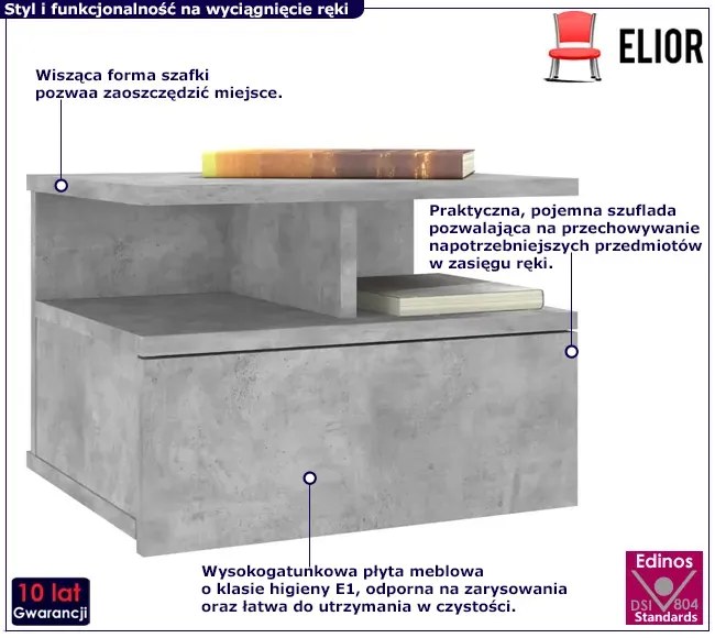 Szafka nocna ścienna w kolorze szary beton Paradiso