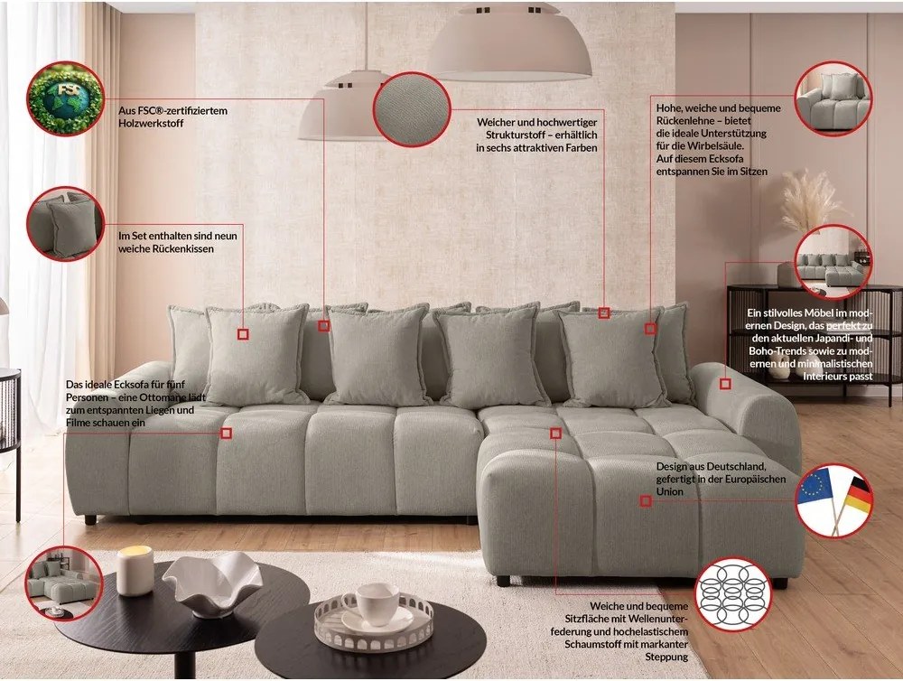 Szarobrązowy narożnik (prawostronny/z szezlongiem) Albane – Ropez