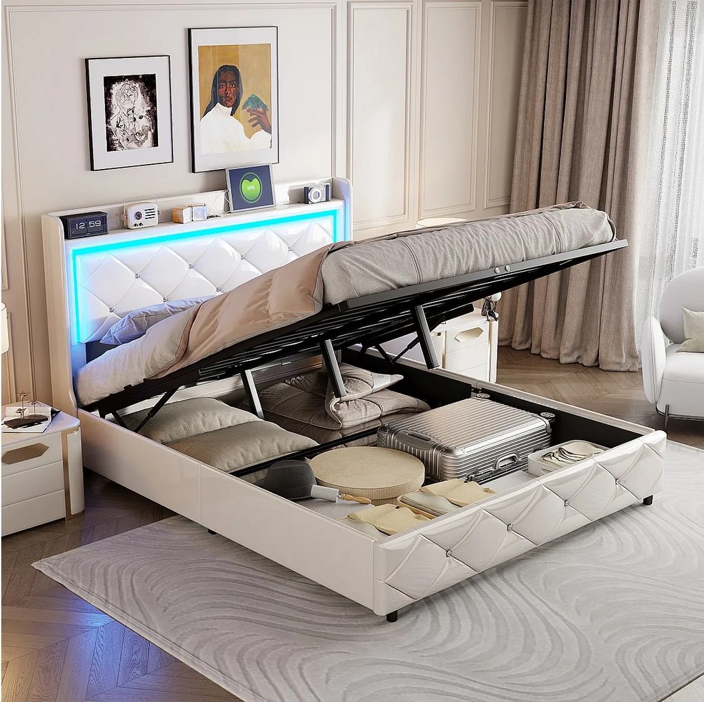 Łóżko tapicerowane 140x200 cm z USB, łóżko podwójne, łóżko z pojemnikiem i oświetleniem LED, skóra ekologiczna, rama łóżka, białe