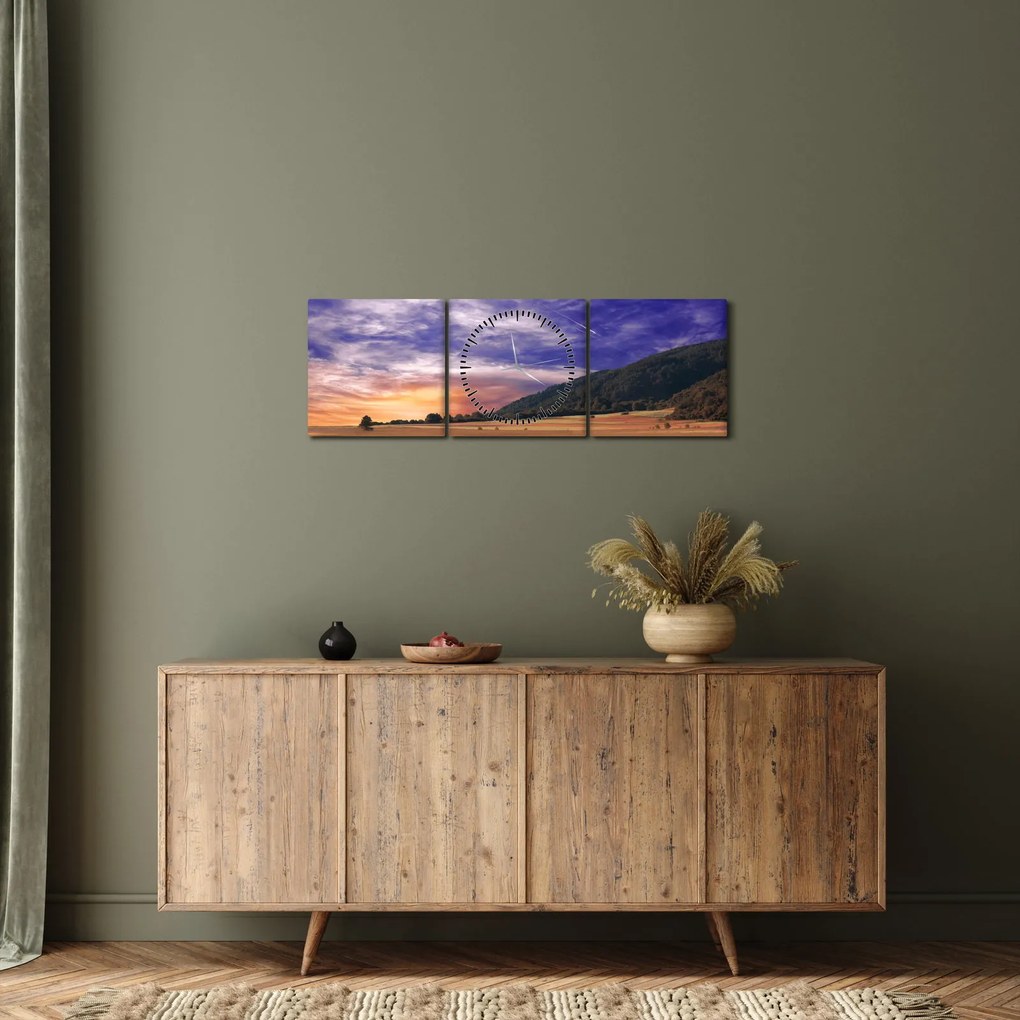 Obraz lawendowej łąki (z zegarem) (90x30 cm)