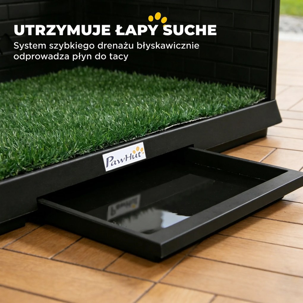 PawHut Toaleta dla psa 75 x 51 cm z trawą sztuczną, wysokimi ściankami, wysuwaną tacą i systemem odprowadzania - Czarna | Aosom PL