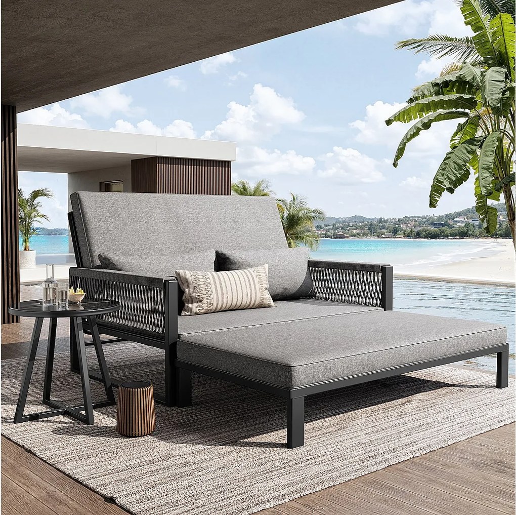 Fotel rozkładany, kanapa ogrodowa - rozbierana i modułowa leżanka ogrodowa - z żelaza ocynkowanego i lin - 2 osoby - Szary