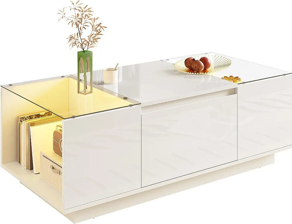 Nowoczesny stolik kawowy - 105 x 50 x 35 cm - z 2 szufladami + diody LED - blat szklany - płyta wiórowa - biały
