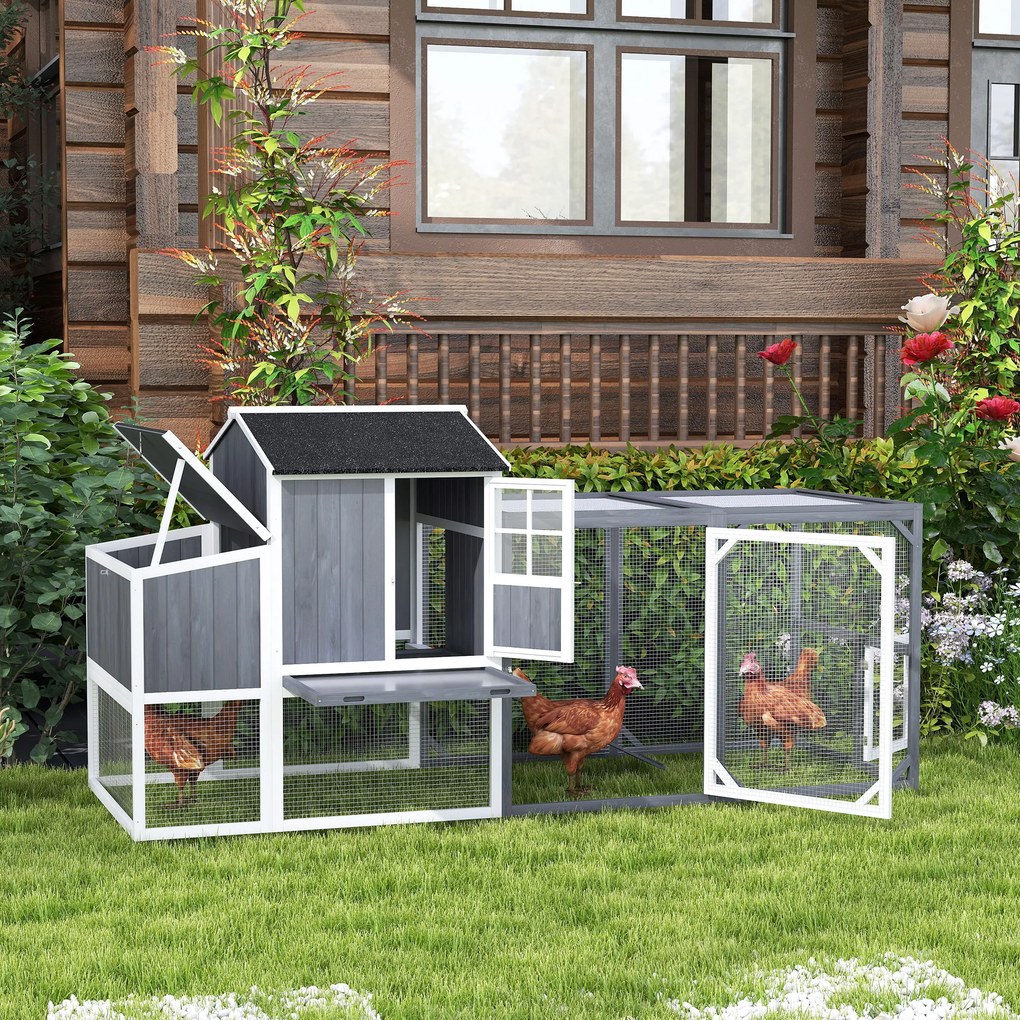 PawHut Kurnik z wybiegiem dla 3-4 kur, 3-częściowe gniazdo, 1,9 m² powierzchni, drewno jodłowe, szary