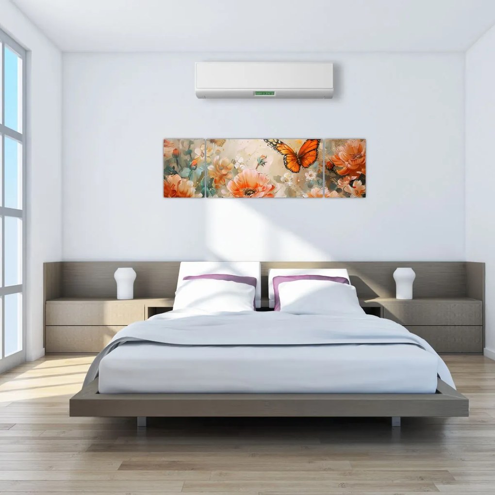 Obraz - Motyl i kwiaty, obraz olejny (170x50 cm)