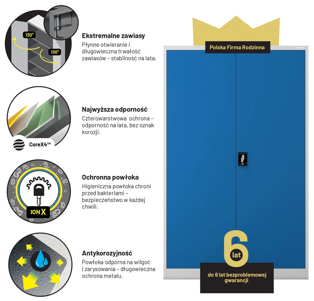 Szafa biurowa metalowa na akta szaro-niebieska JAN II, 1150 x 1850 x 400 mm