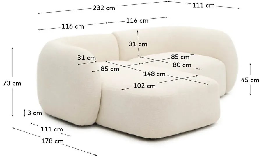 Kremowy narożnik z tkaniny szenilowej (lewostronny/z szezlongiem) Martina – Kave Home