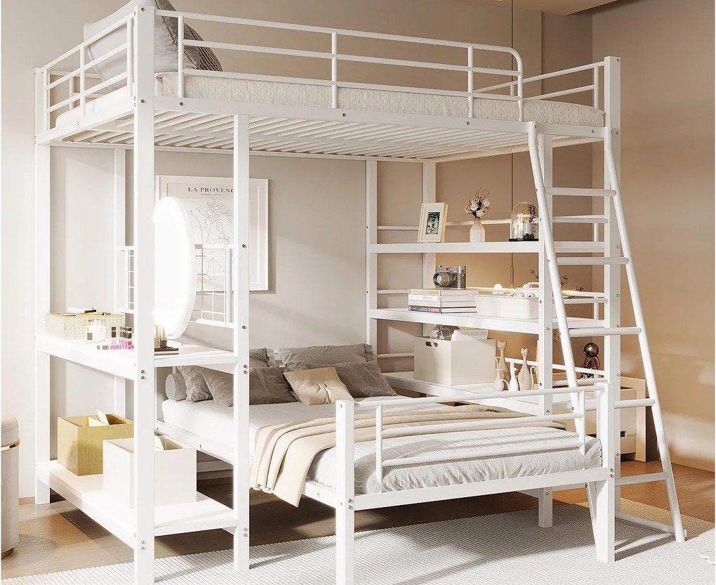 Łóżko piętrowe 140X200cm - Z wieloma schowkami - Metalowa konstrukcja - Z drabinką bezpieczeństwa - Z barierką - Białe (bez materaca)