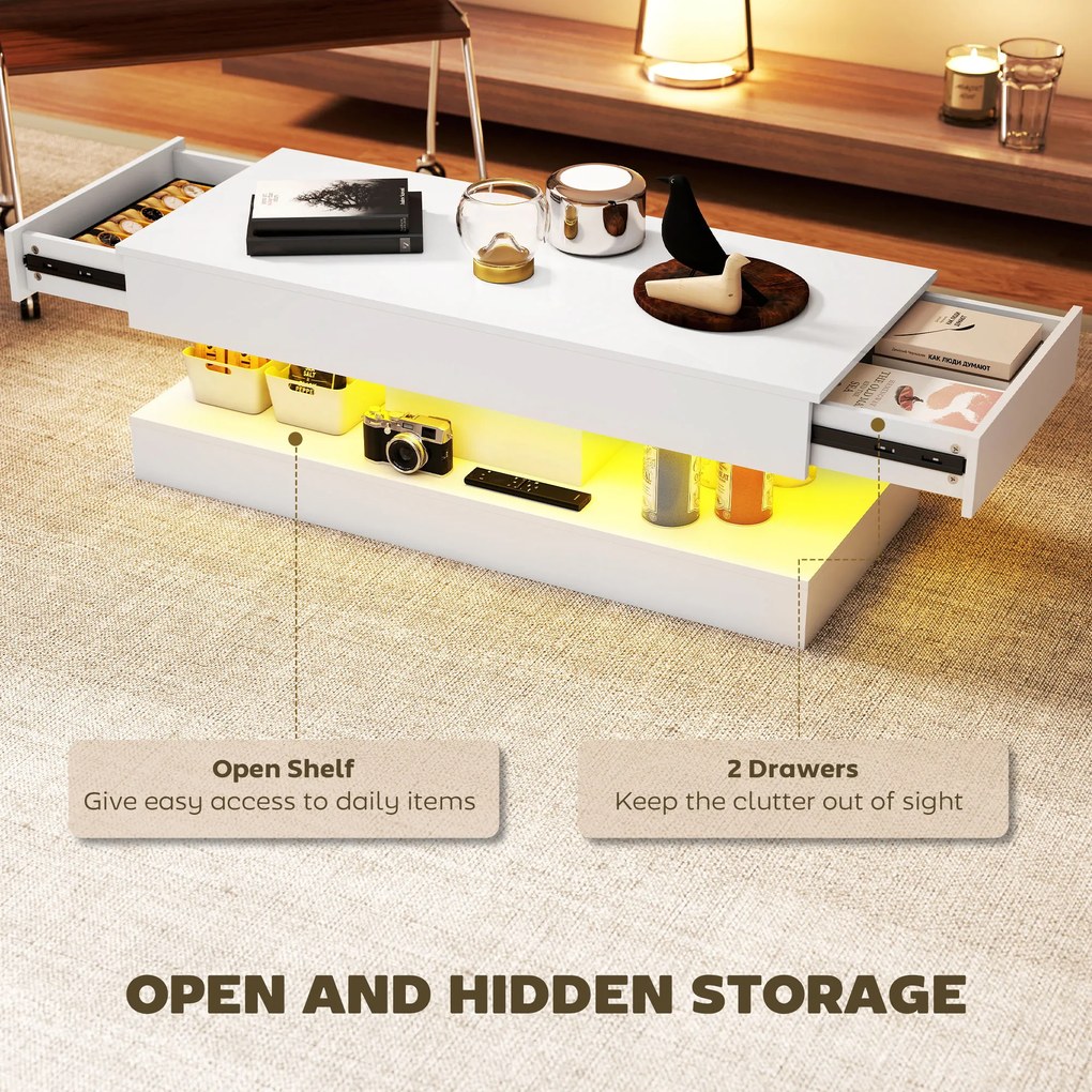HOMCOM Stół do salonu z szufladami i lampkami LED, nowoczesny stół do kanapy z otwartą półką, stół kawowy, płyta wiórowa, Biały