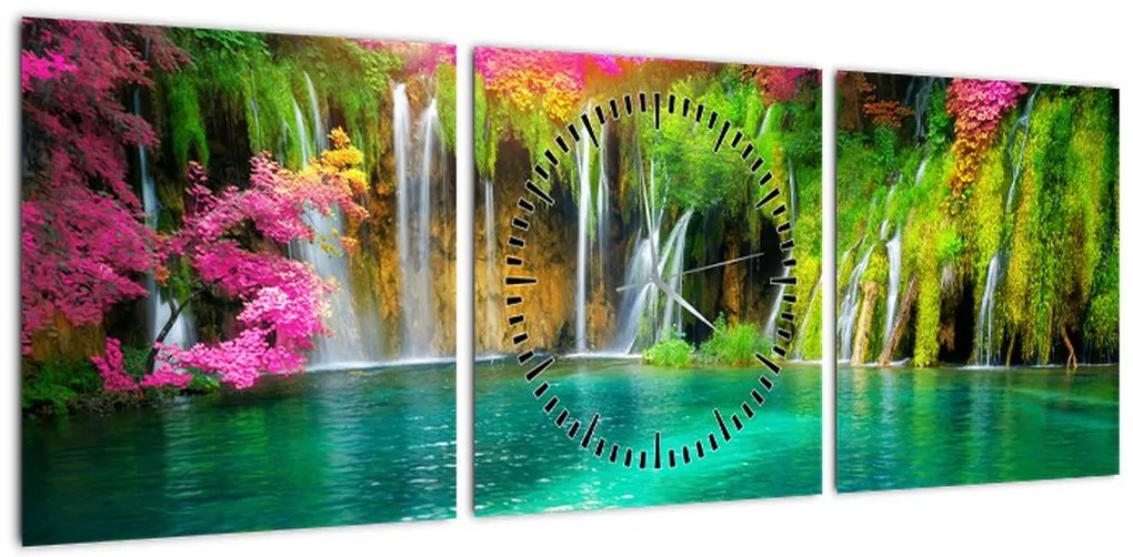 Obraz - Wodospad, Jeziora Plitwickie, Chorwacja (z zegarem) (90x30 cm)
