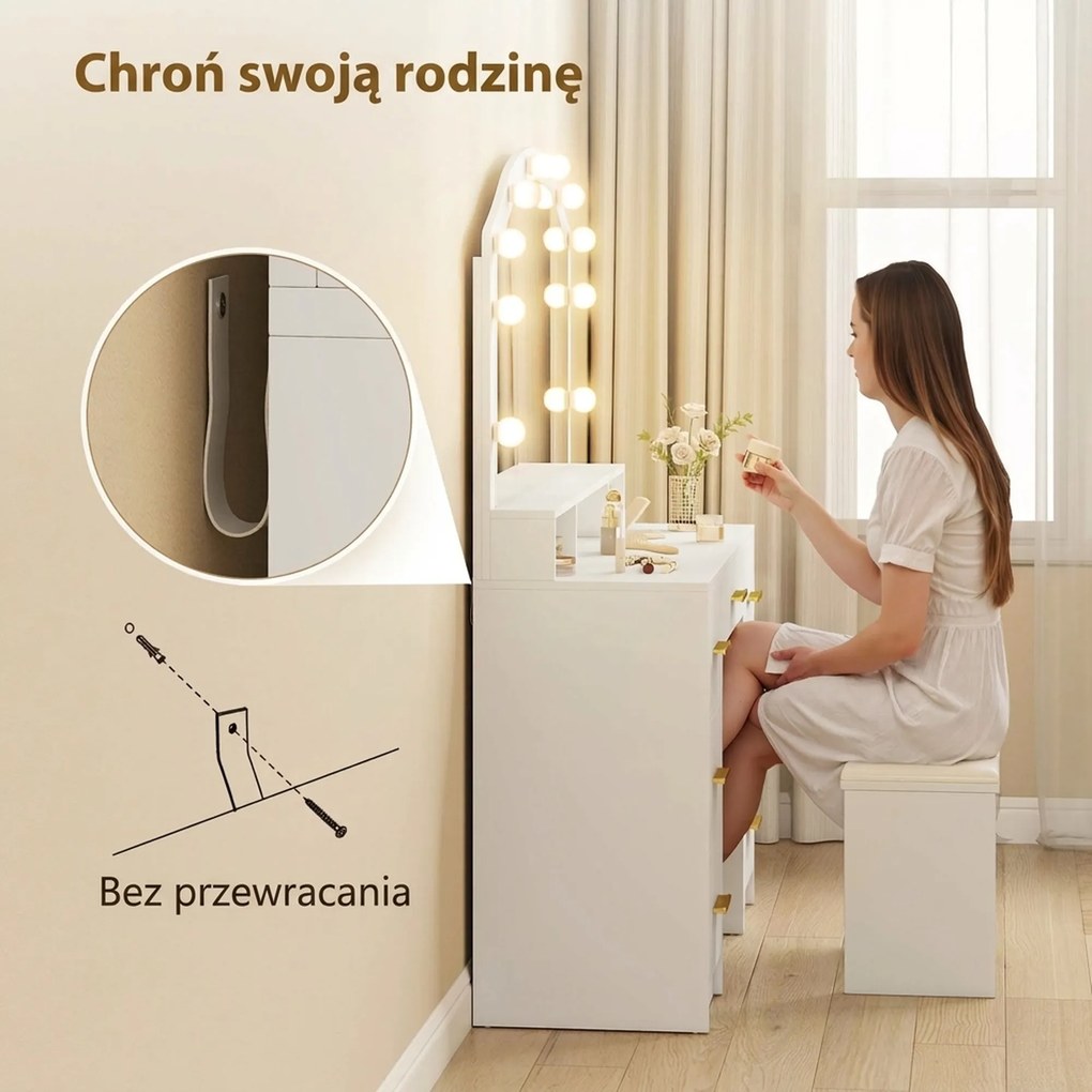 HOMCOM Toaletka z 10 lampami LED w stylu Hollywood, lustro, 7 szuflad, 3 przegrody, MDF, biała