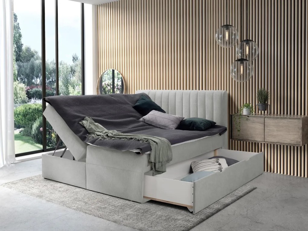 Zestaw do sypialni dekoracyjny zagłówek + stelaże ze skrzynią i szufladą + materac + nakładka na materac - 160 x 200 cm - Tkanina - Szary - ARAO marki YSMÉE