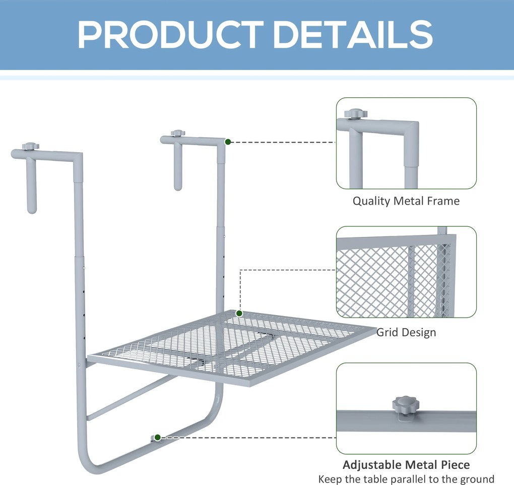 Outsunny Składany stół balkonowy, 4-stopniowo regulowany, metalowy, odporny na warunki atmosferyczne, stół balkonowy 60x40 cm szary | Aosom PL