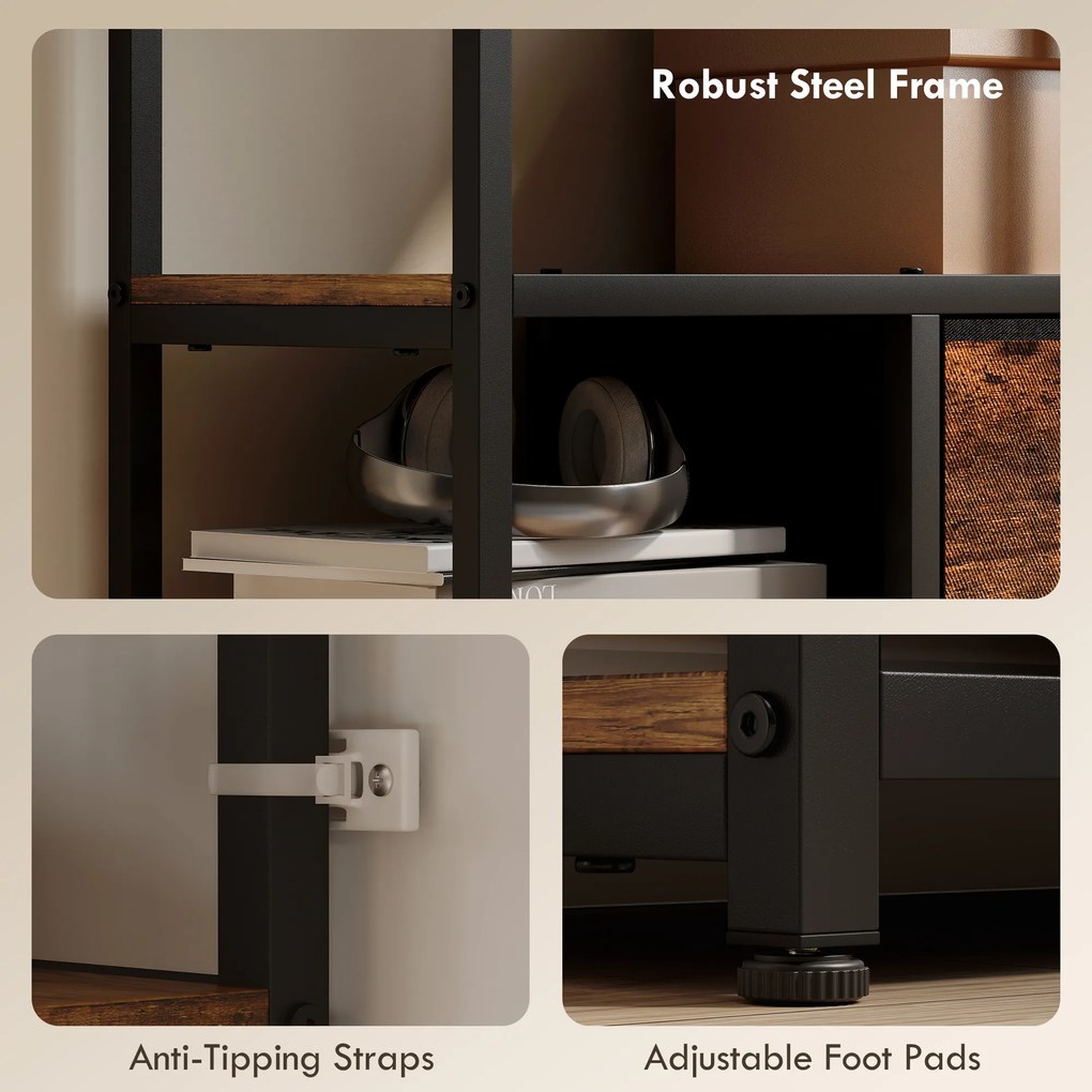 HOMCOM Regał do przechowywania, 2 materiałowe szuflady, 9 otwartych przegród, wolnostojący regał z ramą stalową, Brązowy+Czarny