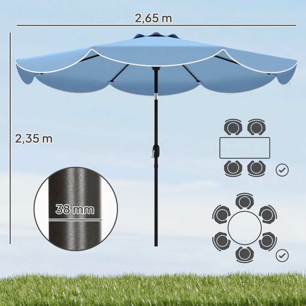 Outsunny Parasol ogrodowy okrągły balkonowy z 3-stopniową regulacją nachylenia, korbka, 8 żeber, Ø265 x 235H cm, jasnoniebieski | Aosom PL