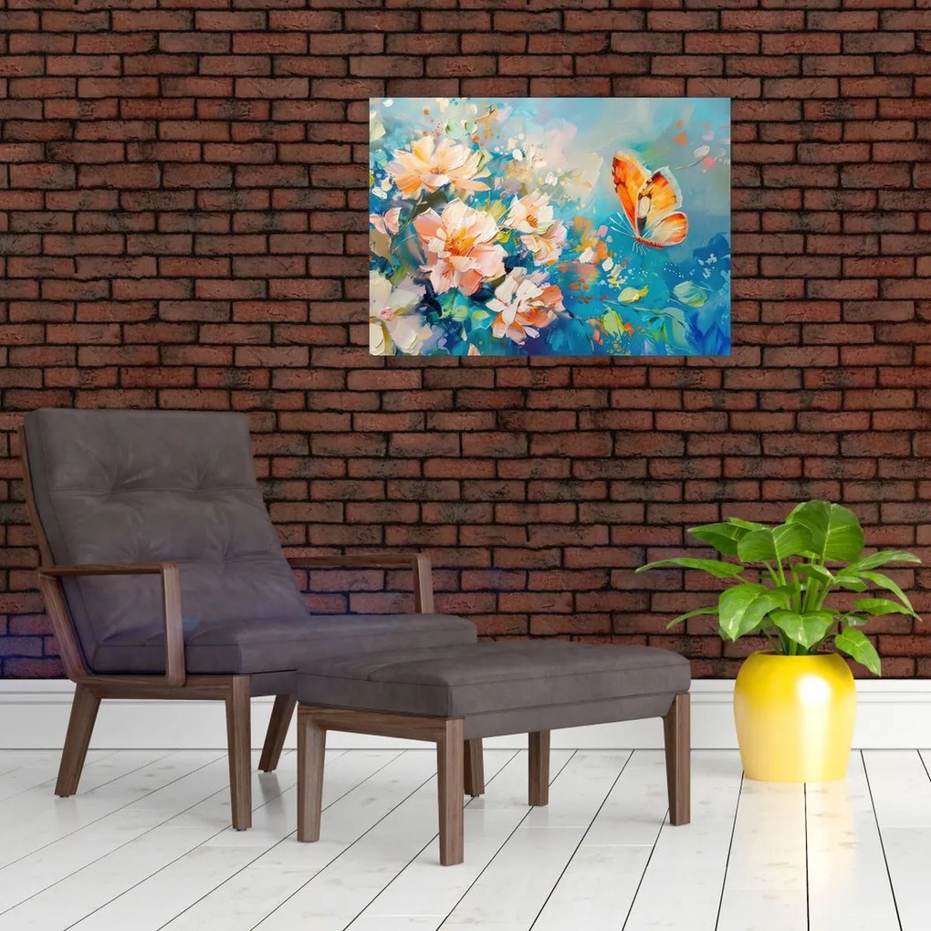 Obraz na szkle - Motyl i kwiaty, obraz olejny II. (70x50 cm)
