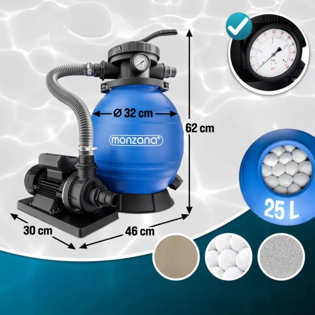 Filtr piaskowy do basenu AQUA z kulami filtrującymi, 10 200 l/h, niebieska Monzana