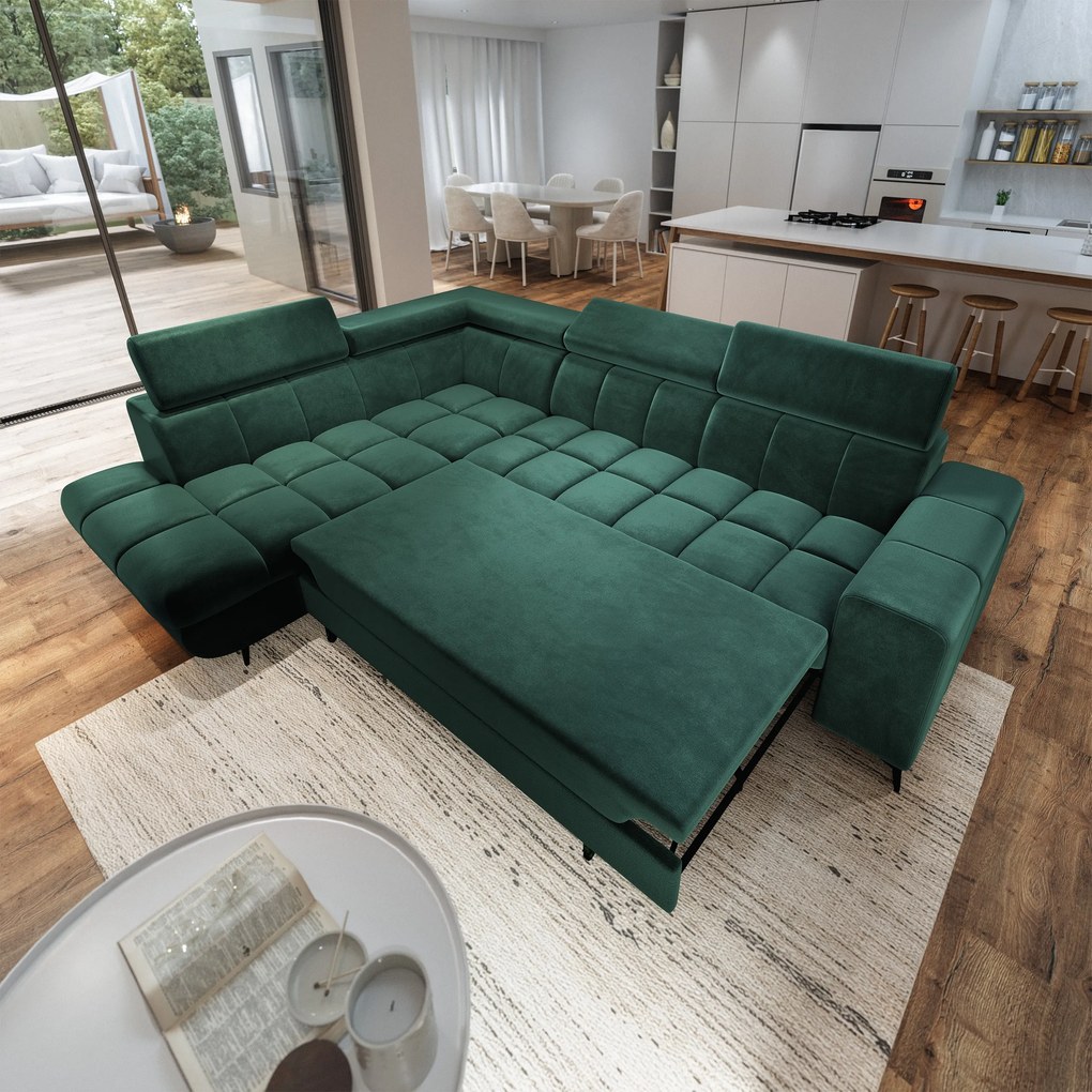 Masseno Narożnik MORIVA z funkcją spania i pojemnikiem na pościel Narozniki L, Rozkładana sofa - Zielony, MONOLITH 37