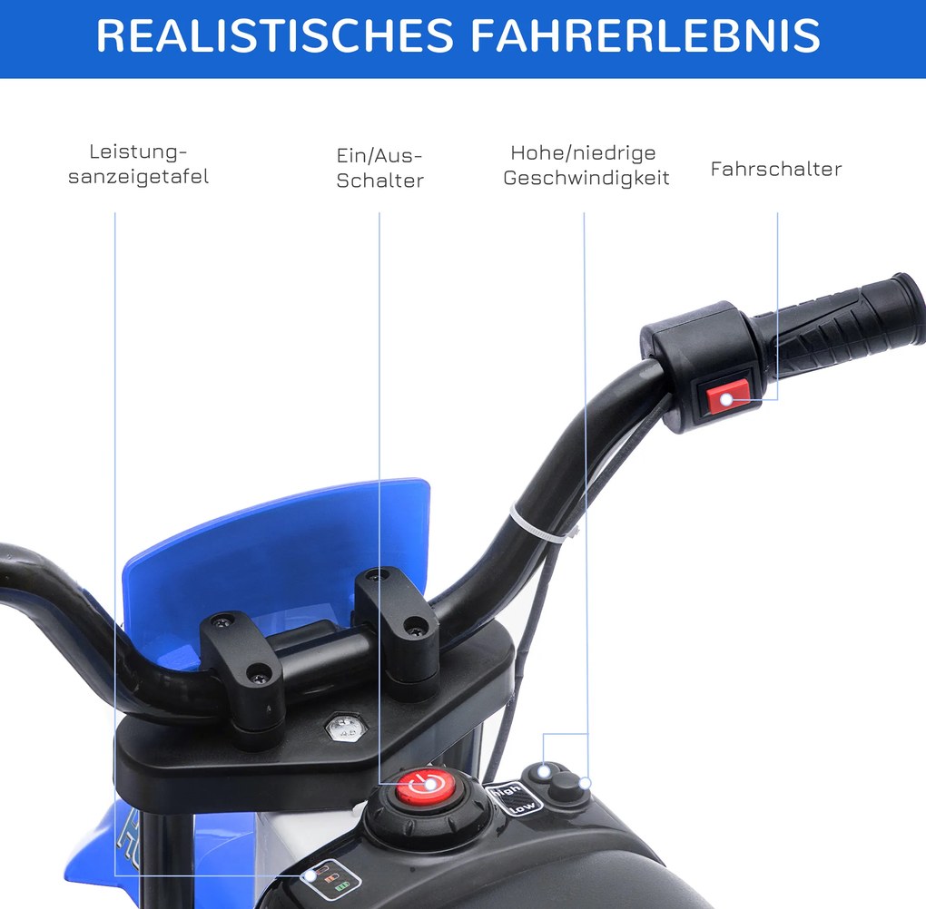 HOMCOM Motocykl Dla Dzieci, Elektryczny Motocykl, 45 Min Czas Jazdy, z Kołami Pomocniczymi, od 3 lat, niebieski+biały, 106,5 x 51,5 x 68 cm