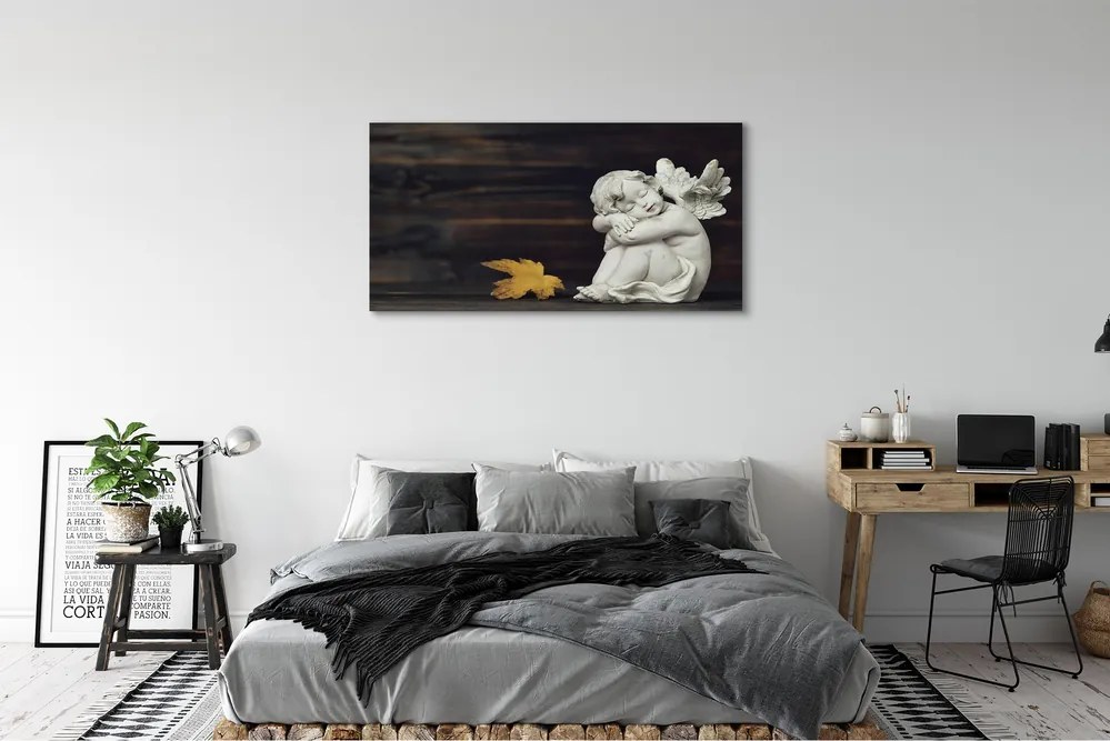 Duży obraz na płótnie Śpiący Anioł na Liściu i Deskach